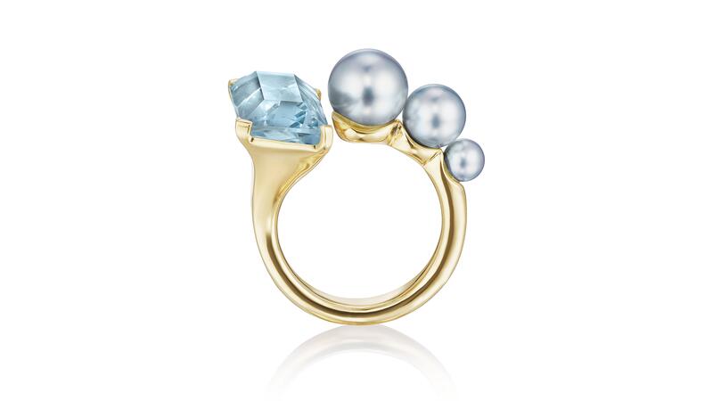 Assael gold ring with blue Japanese Akoya pearls and aquamarine