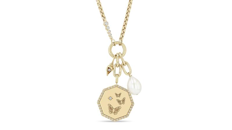 Cynthia Erivo x Zoe Chicco Triple Butterfly Engraved Pave Medallion Charm Medium Box Chain Necklace