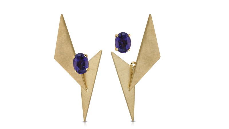 <a href="https://www.kavantandsharart.com/" target="_blank">Kavant and Sharart </a> “GeoArt Duo” brushed gold earrings in 18-karat yellow gold with amethyst ($2,860)
