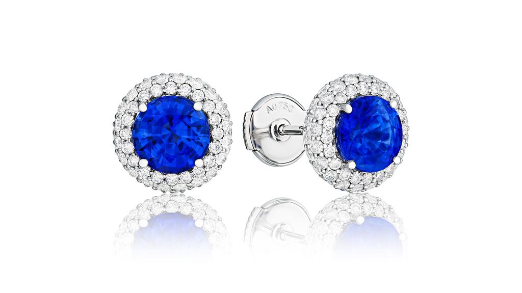 Natural blue sapphire and diamond earrings in 18-karat white gold from Asia Lounges blue sapphire and diamond stud earrings