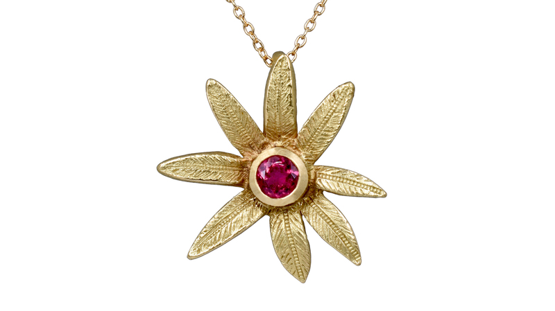<a href="https://sandrinebjewelry.com/" target="_blank"> Sandrine B. Jewelry</a> flower pendant in 18-karat gold with rubellite ($720)