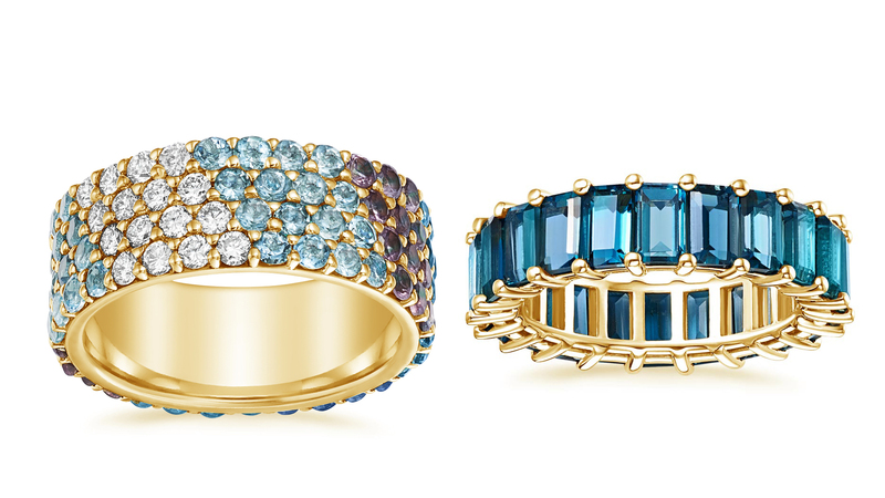 There are also bands, including this “Nimbus” ombré set with black and silver-tone diamonds, and spinels ($4,890) and this “Eternity” London blue topaz eternity band ($1,190).