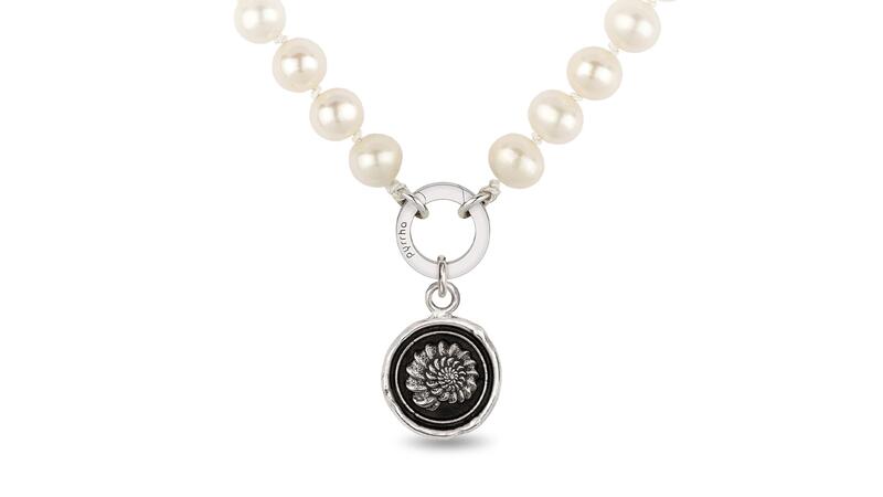 Pyrrha Becoming Pendant on a Pearl Necklace