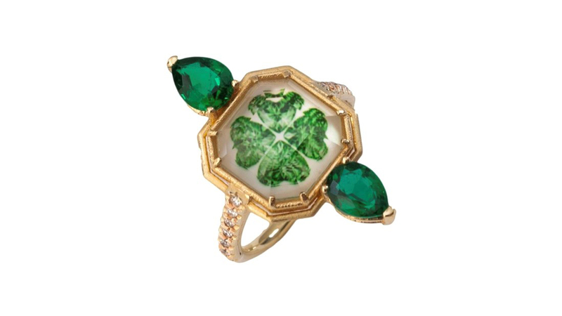 Melissa Spencer lucky four-leaf clover Spencer Portrait gemstone ring in rock crystal quartz and mother-of-pearl set in 18-karat yellow gold with Zambian Emeralds and diamonds ($7,000)