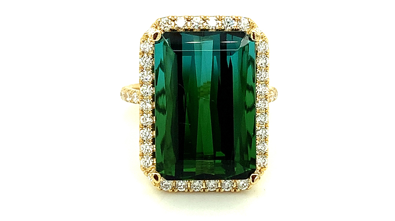 <a href="https://www.lisanik.com/" target="_blank"> Lisa Nik </a> 18-karat yellow gold bi-color blue green tourmaline ring with diamonds ($9,450)