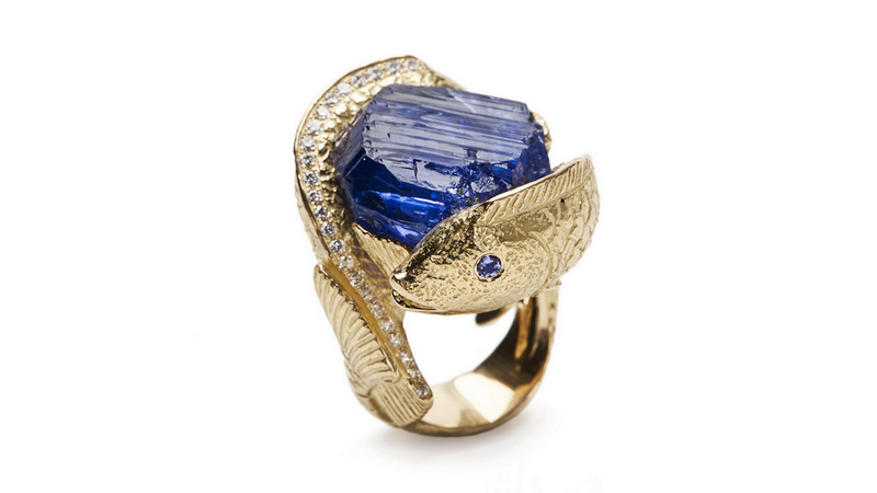 <a href="https://www.katybriscoe.com/" target="_blank">Katy Briscoe</a> tanzanite and diamond “Double Fish” ring set in 18-karat yellow gold ($40,000)