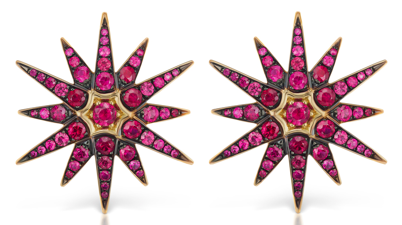 <a href="https://brionyraymond.com/"_blank"> Briony Raymond </a> 18-karat yellow gold “Starburst” ruby earrings ($18,500)