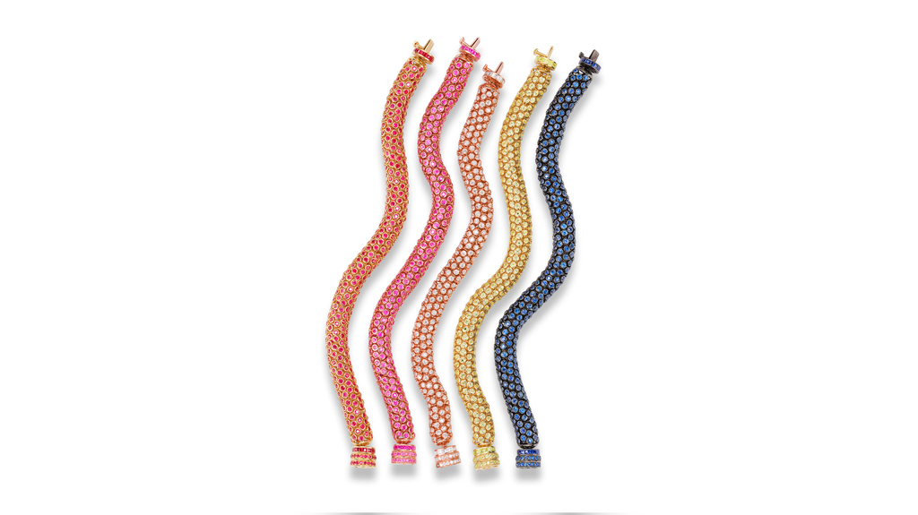 Gemella “Dancing Queen” bracelets in 18-karat gold with sapphires, diamonds, and rubies (starting at $24,000 each)