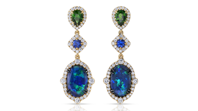 <a href="https://info.omiprive.com/e1303-ec1176-opov" target="_blank"> Omi Privé </a> 18-karat yellow gold earrings accented with black rhodium featuring oval opals accented by pear-shape chrome tourmalines, round sapphires and round diamonds ($38,000)