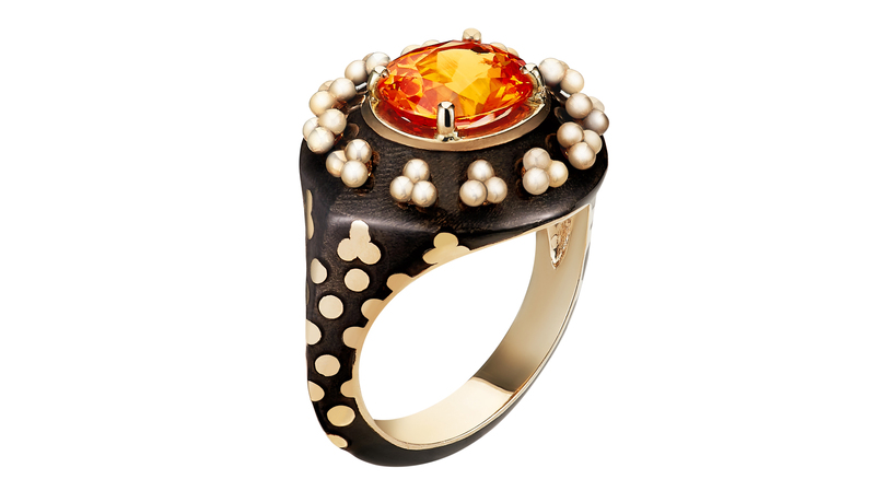 Alice Cicolini “Bandhani” cocktail ring in 14-karat yellow gold with mandarin garnet and lacquer enamel ($6,950)