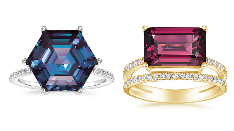 The collection features bold shapes and elevated settings, like this hexagonal “Masquerade” lab-grown alexandrite and diamond ring ($3,990) and this “Revelry” garnet and diamond ring ($2,190).