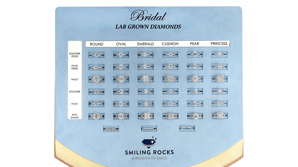 This handy display for retailers showcases each possible style combination in the Smiling Brides collection.