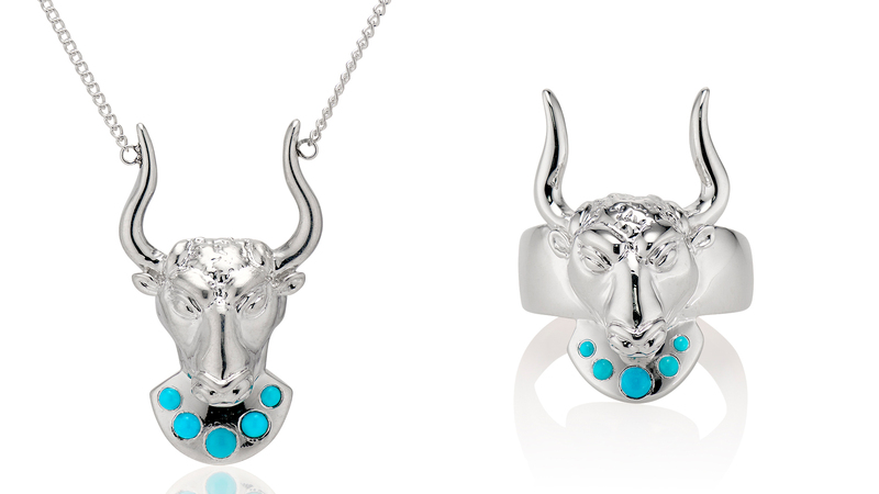 The Minos pendant ($375) and ring ($350) in sterling silver with turquoise, inspired by ancient Greek relics from Crete. The mythological minotaur had the head of a bull and the body of a human.