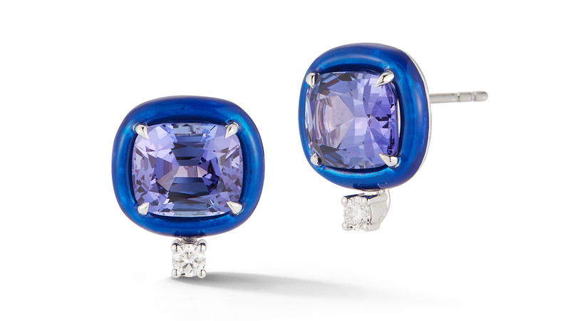 <a href="https://katherinejetter.com/" target="_blank">Katherine Jetter</a> tanzanite, white topaz, and diamond one-of-a-kind earrings in 18-karat white gold with blue enamel ($33,000, including removable drops)