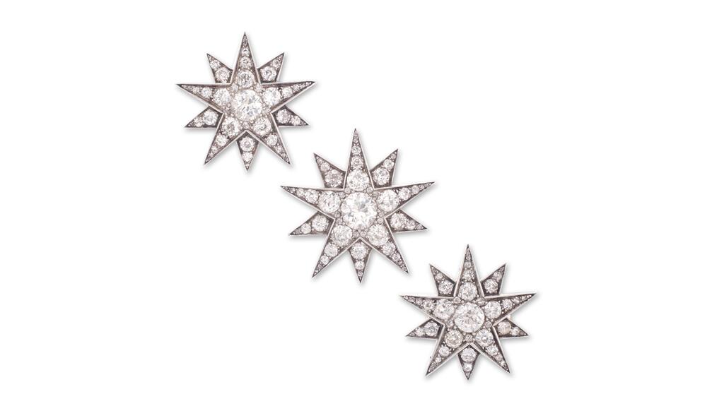 A suite of three diamond stars by Wilhelm Haarstrick, which can be worn as brooches, hairpins, or on a tiara frame 20th century suite diamond stars by Wilhelm Haarstrick