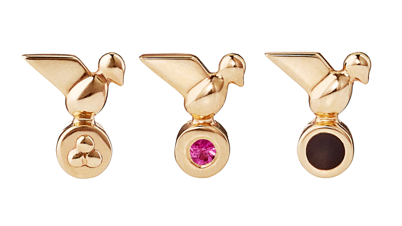 “Odisha Bird” studs set in 14-karat yellow gold with lacquer enamel and pink sapphire ($1,435 for the set)