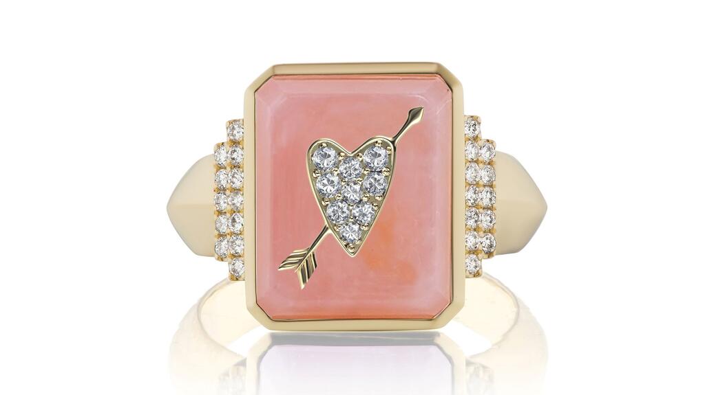 Sorellina signet ring in 18-karat yellow gold with pink opal and diamonds ($3,600)