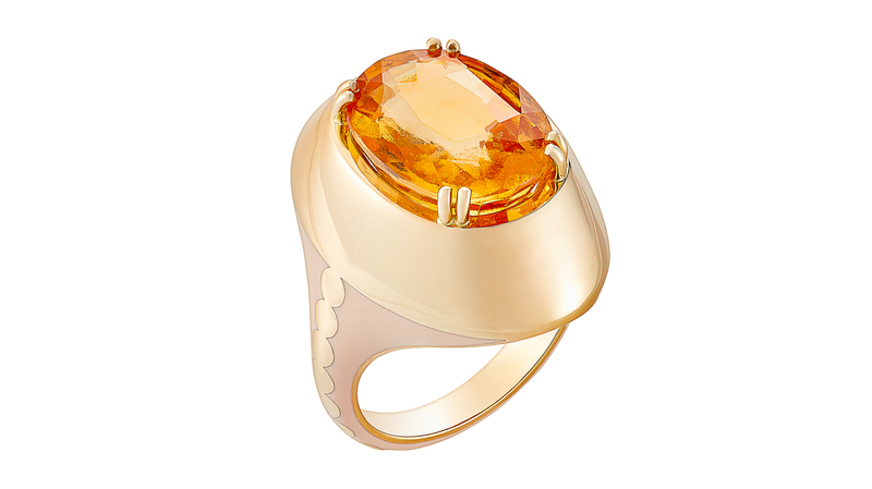 “Benares” cocktail ring in 14-karat yellow gold with spessartite garnet and lacquer enamel ($7,630)