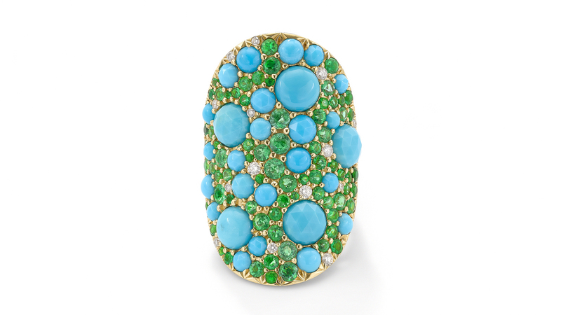 <a href="https://www.robinsonpelham.com/" target="_blank">Robinson Pelham</a> “Turquoise Vault Ring” set with turquoise, diamonds, and emeralds in 18-karat yellow gold ($18,185)