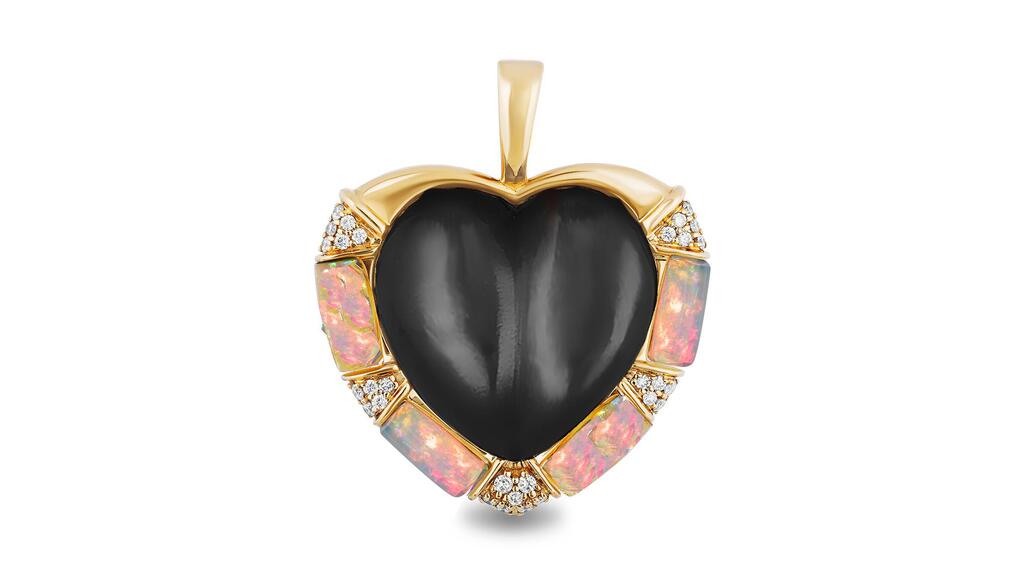 Mason and Books "Large DNA Heart Pendant" in 14-karat yellow gold with black onyx, Ethiopian opal, and diamonds ($5,815)
