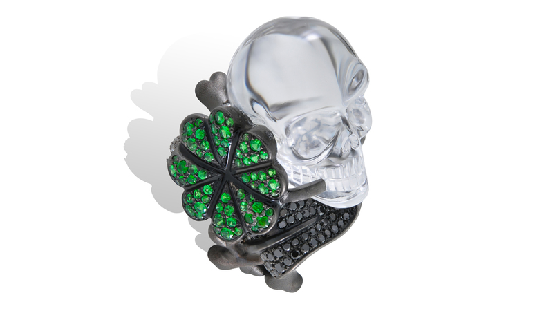 Lydia Courteille 18-karat gold and silver crystal ring with diamonds, black diamonds, and tsavorites (price available upon request)