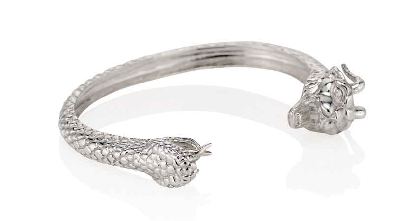 The Chimera cuff in sterling silver ($600). This mythological fire-breathing chimera has the head of a horned lion and the head of a serpent.