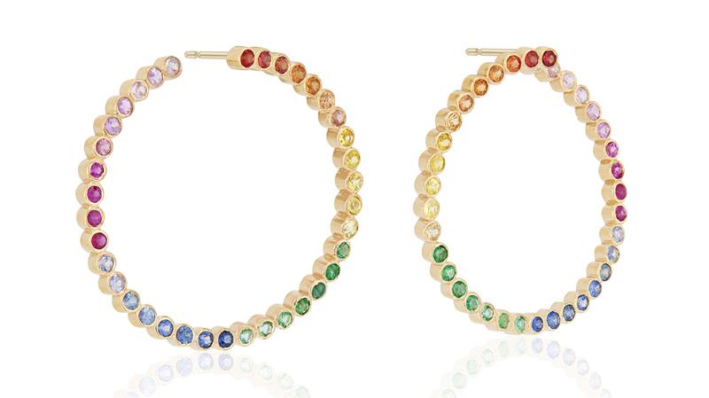 <a href="https://heavenlyvicesfinejewelry.com/products/rainbow-sapphire-hoops" target="_blank">Heavenly Vices Fine Jewelry</a> 14-karat yellow gold forward hoops with rainbow sapphires ($3,750)