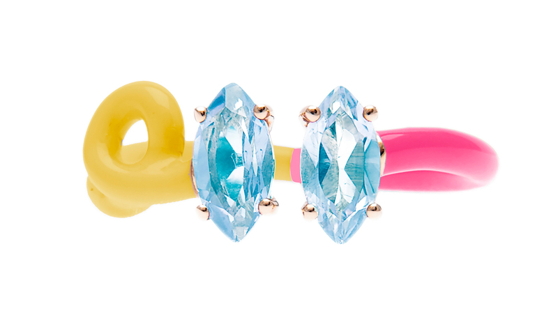 Bea Bongiasca “Double B Vine Ring” in 9-karat yellow gold with 0.68 carats of marquise-cut topaz and enamel ($1,050)