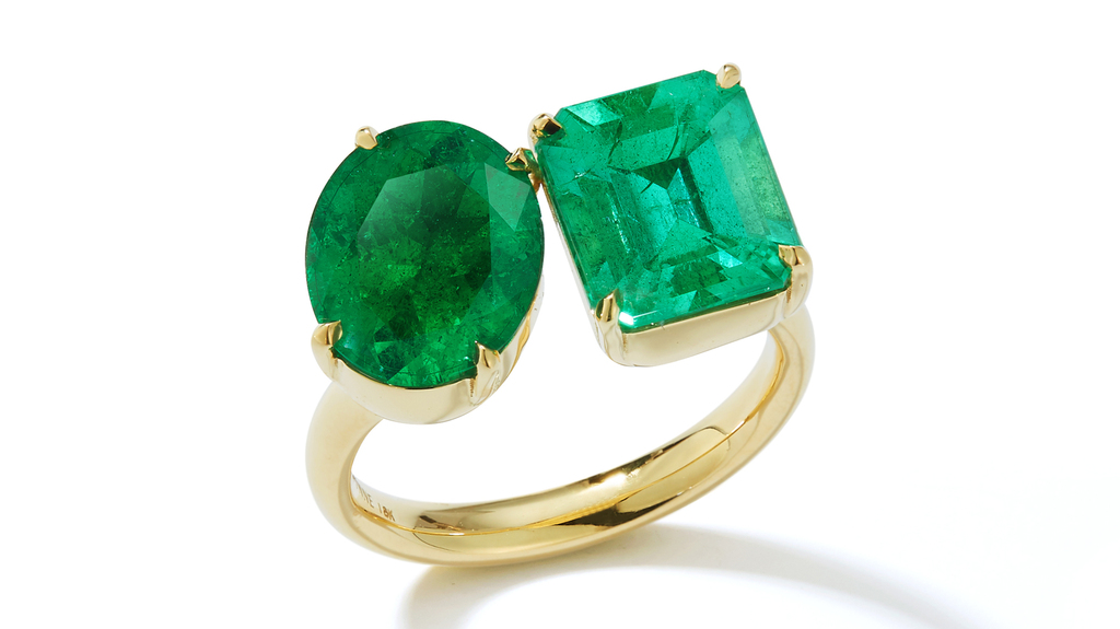 Another view of the Jemma Wynne x Muzo “Kissing Emerald Two Stone Ring”