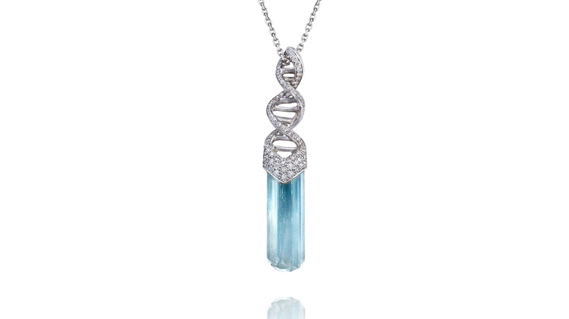 <a href="https://madlords.us/products/collier-harmonie-aigue-marine" target="_blank"> Hoehl’s</a> “Harmony” aquamarine necklace with white diamonds set in 18-karat white gold ($16,810)