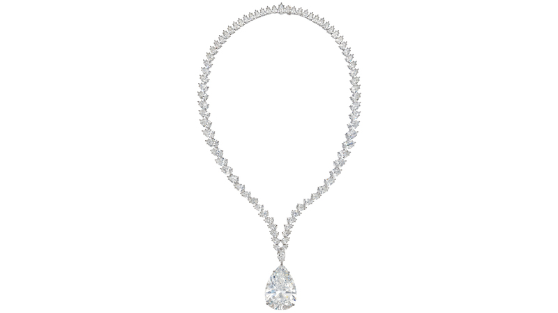 At No. 2 was another necklace, this one featuring an 86.64-carat pear diamond at center, 78 pear diamonds around, platinum, and white gold. It sold for $5.7 million.