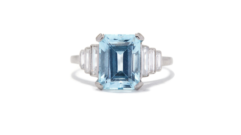 <a href="https://ashleyzhangjewelry.com/vintage/art-deco-aquamarine-and-baguette-diamond-ring" target="_blank"> Ashley Zhang</a> Art Deco aquamarine and baguette diamond ring set in platinum ($4,000)