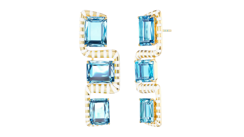 Emily P. Wheeler 18-karat yellow gold “Cheshire Earrings” with 34.24 carats of aquamarine and enamel ($68,000)
