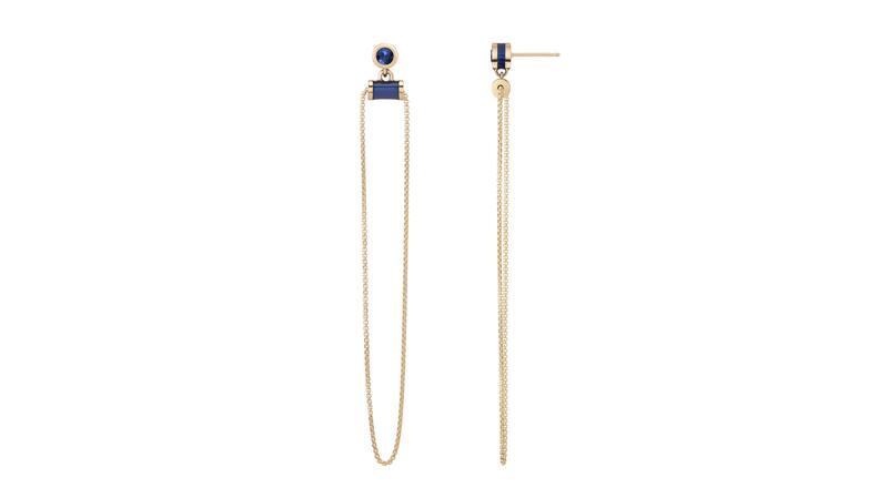<a href="https://halleh.com/products/alise-earrings-deep-blue-enamel?_pos=11&_sid=e8bc501fc&_ss=r" target="_blank">Halleh</a> “Alise” earrings in 18-karat yellow gold with blue sapphires and blue enamel ($2,970)