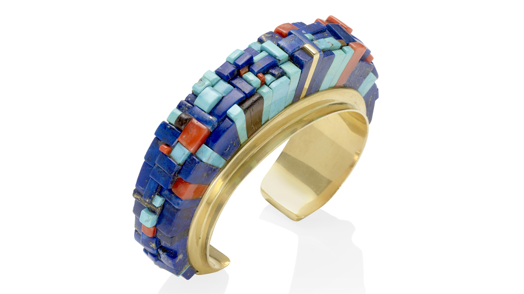 Charles Loloma (1921-1999) 14-karat gold, turquoise, coral, and lapis lazuli cuff circa 1975 ($40,000 - $60,000) Charles Loloma (1921-1999) 14-karat gold, turquoise, coral, and lapis lazuli cuff circa 1975 ($40,000 - $60,000)