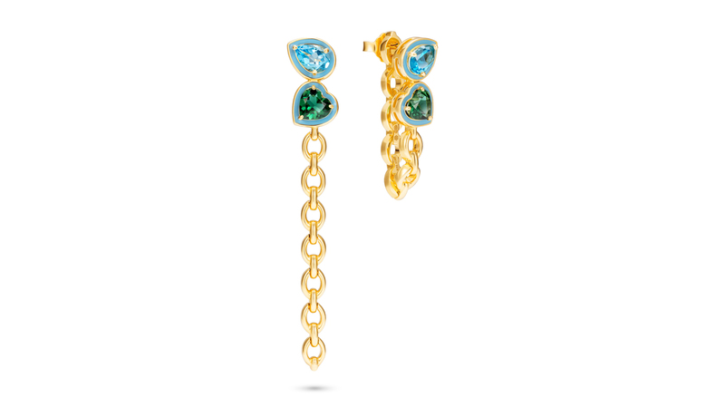 Nadine Aysoy “Catena” earrings in 18-karat yellow gold with topaz, emerald, and turquoise enamel ($6,535)