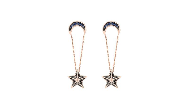 <a href="https://www.samanthatea.com/products/nima-earrings-10k-blue-sapphires-black-diamonds?_pos=41&_sid=6380c70aa&_ss=r" target="_blank">Samantha Tea</a> “Nima Star Earrings” in 10-karat rose gold with blue sapphires and black diamonds ($2,050)