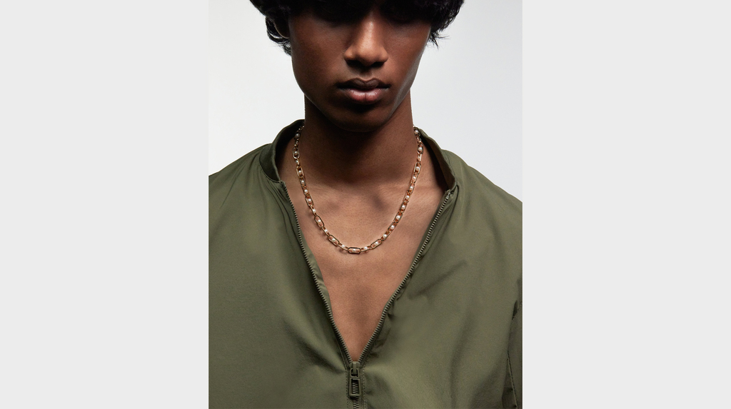 The Allegory pearl necklace in 18-karat gold ($7,800) is a signature State Property style that appears obviously unisex when pictured on a man.