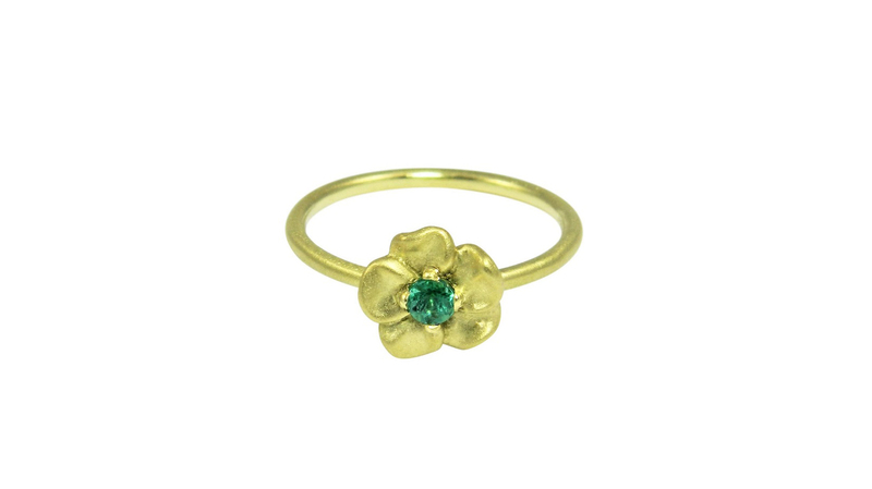 <a href="https://www.alisonnagasue.com/" target="_blank"> Alison Nagasue</a> 18-karat green gold pansy flower ring with emerald ($1,365)