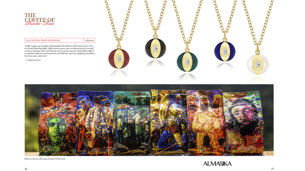 Pages 76 and 77 of Reinhold Jewelers’ 2022 Holiday Book featuring necklaces by designer Catherine Sarr and coffee bags painted by Puerto Rican artist Wichie Torres
