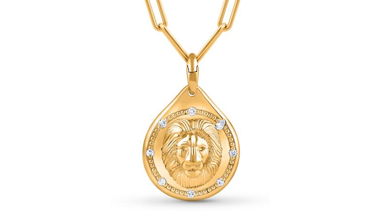 Harakh “Drop of Joy” lion’s head charm necklace in 18-karat yellow gold with diamonds