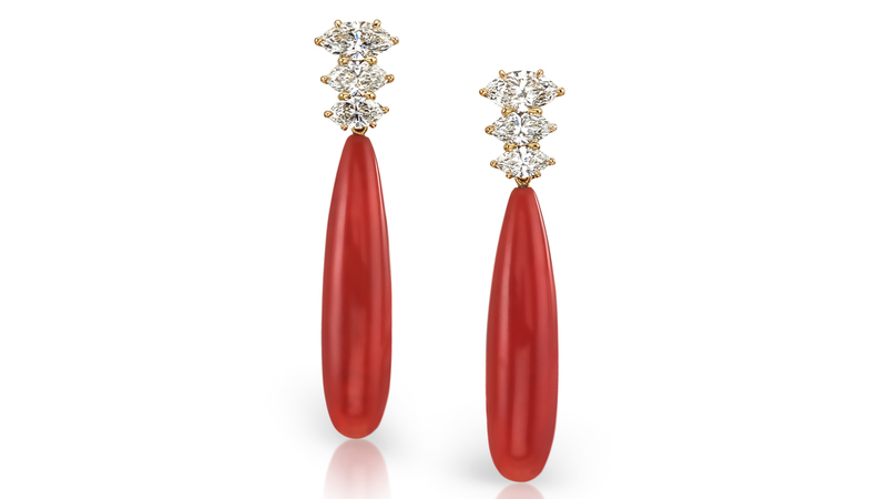 Assael’s Pagoda earrings, featuring responsibly sourced Sardinian coral drops and 3.05 carats of marquise diamonds in 18-karat yellow gold ($40,800)