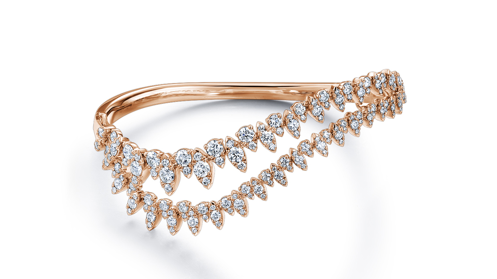 The “Twisted Dewdrop Bangle” in 18-karat rose gold with 3.49 carats of diamonds (starting at $25,000)