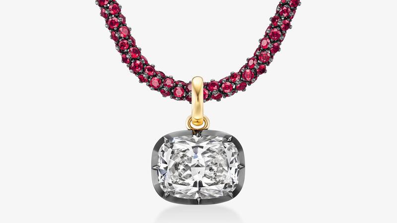 Jessica McCormack Tempest Cushion Cut Diamond Pendant and Tempest Ruby Necklace