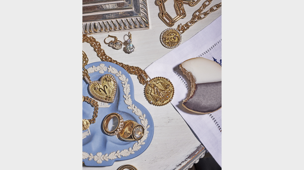An Aries Memoir Locket is featured alongside other jewels from the Briony Raymond collection, including a medallion from the brand’s earlier Zodiac collection, launched in 2019.