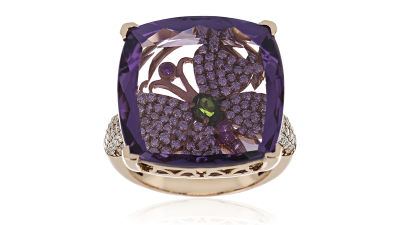 <a href="https://suzylevian.com/" target="_blank">Suzy Levian </a> the “Monarch” amethyst and secret diamond ring in 14-karat rose gold ($11,800)