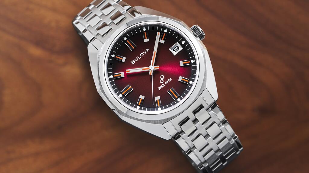Bulova Jet Star timepiece with merlot dial and stainless steel case