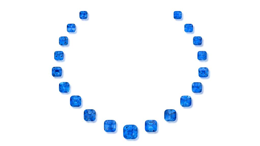 Niveet Nagpal’s suite of Sri Lankan cushion-cut blue sapphires totaling 114.89 carats that won first place in the “Pairs and Suites” category of AGTA’s Spectrum and Cutting Edge Awards in 2024 Niveet Nagpal Spectrum winner 2024