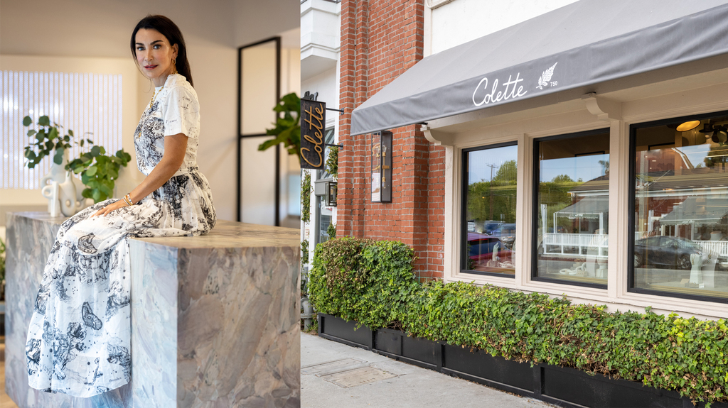 The store’s interior focal point is this large marble table seen on the left. At right, the new store’s exterior. The store’s interior focal point is this large marble table seen on the left. At right, the new store’s exterior.