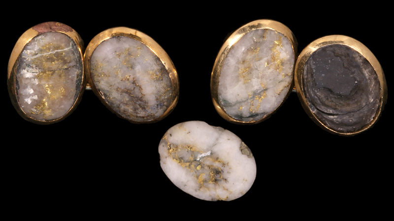 These gold-in-quartz cufflinks were recovered from the S.S. Central America, with one quartz oval detached. (Photo credit: Holabird Western Americana Collections)
